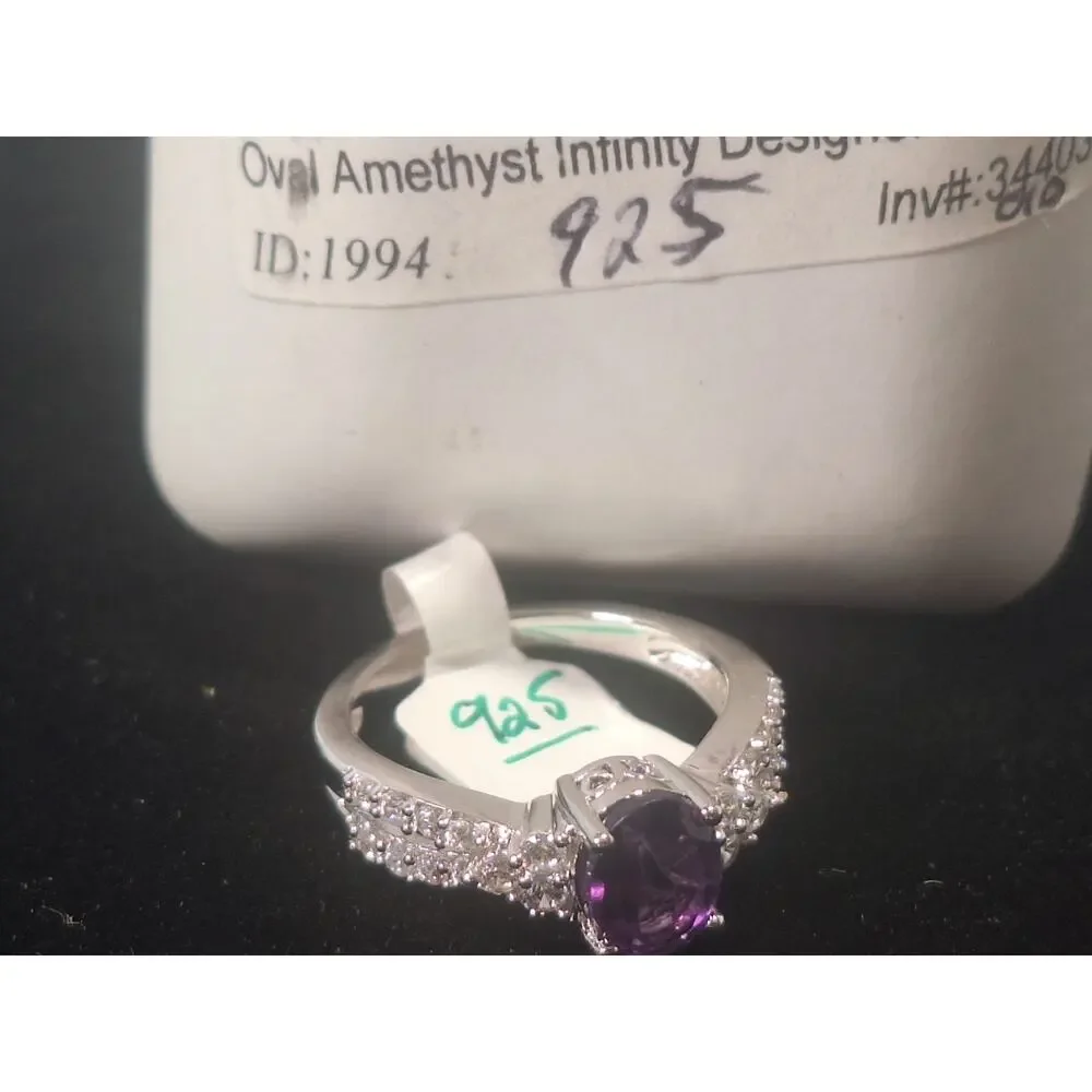 925 Sterling Silver Amethyst Ring Oval Purple Stone CZ Accents Sz 6.5 NIB